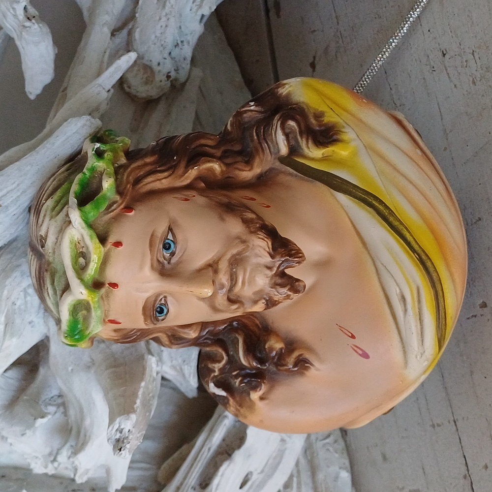Jesus Vintage Chalkware Painted Wall Hanging Statue Ceramic
